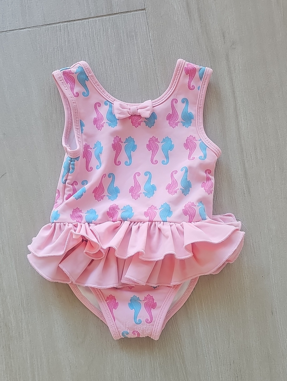Rachel Riley Pink Kids One-Piece Swimsuit with Blue and Pink Seahorse Print